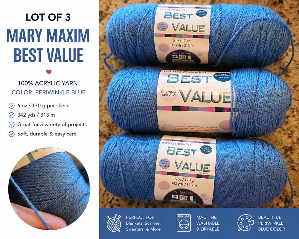 NEW Mary Maxim Best Value Yarn Blue 100% Acrylic 6oz 342 Yds Lot of 3 Skeins #
